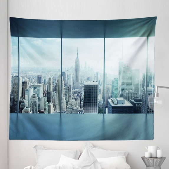 New York Tapestry, Aerial View of a Big Crowded Modern City from the Office New York Buildings Urban, Fabric Wall Hanging Decor for Bedroom Living Room Dorm, 5 Sizes, Sky Blue, by Ambesonne