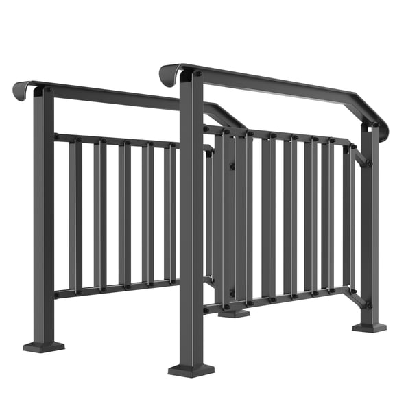 Heavy Duty Adjustable Outdoor Stair Handrail for Steps, Anti-Slip Steel Safety Railing Kit for Seniors, Porch Deck Concrete (2-Pack, Up to 4 Steps), Black