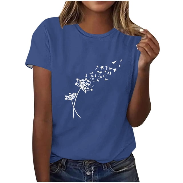 Tii.MM Hauts d'Été pour Femmes 2025 T-Shirt Graphique à Manches Courtes Col Ras du Cou T-Shirts à Imprimé Pissenlit T-Shirts Mignons Basiques