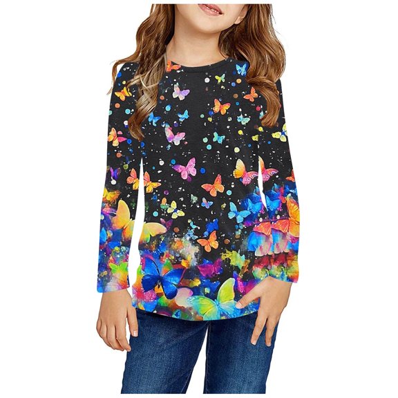 WIZUTIZ Toddler Full Figure Butterfly Fall Shirt Baby Toddlers Gorgeous Tees and Blouses Long Sleeve Tops Round Neck T Shirt Fall Savings