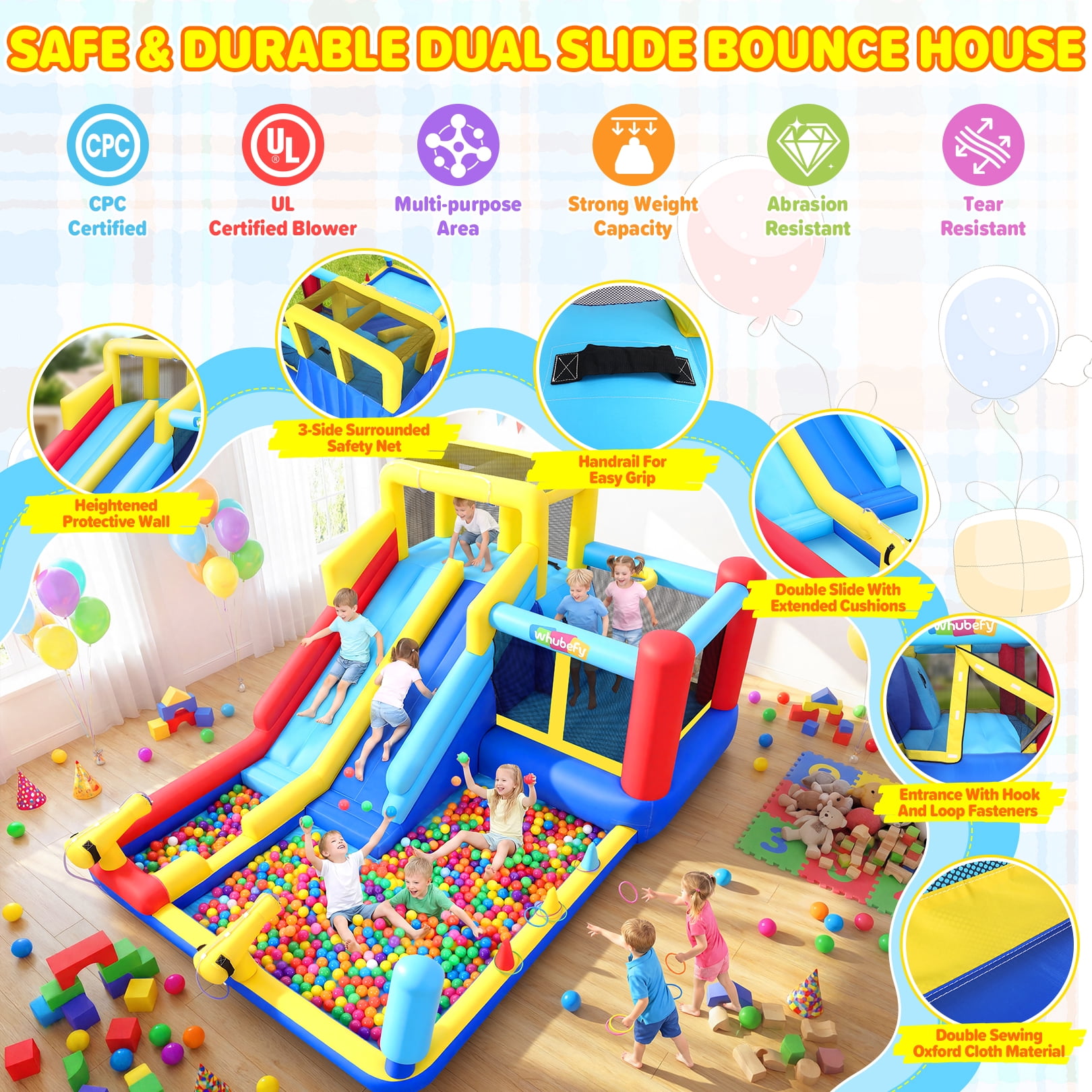 Qhomic Inflatable Water Slide with Blower, 10-in-1 Bounce House with 2 Slides, Jumping Zone, Climbing Wall, Ball Pit and 2 Water Cannons, Water Park for Kids Backyard
