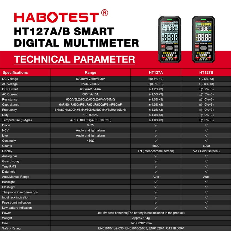 HABOTEST HT127A Smart Digital Multimeter Battery Voltage Tester
