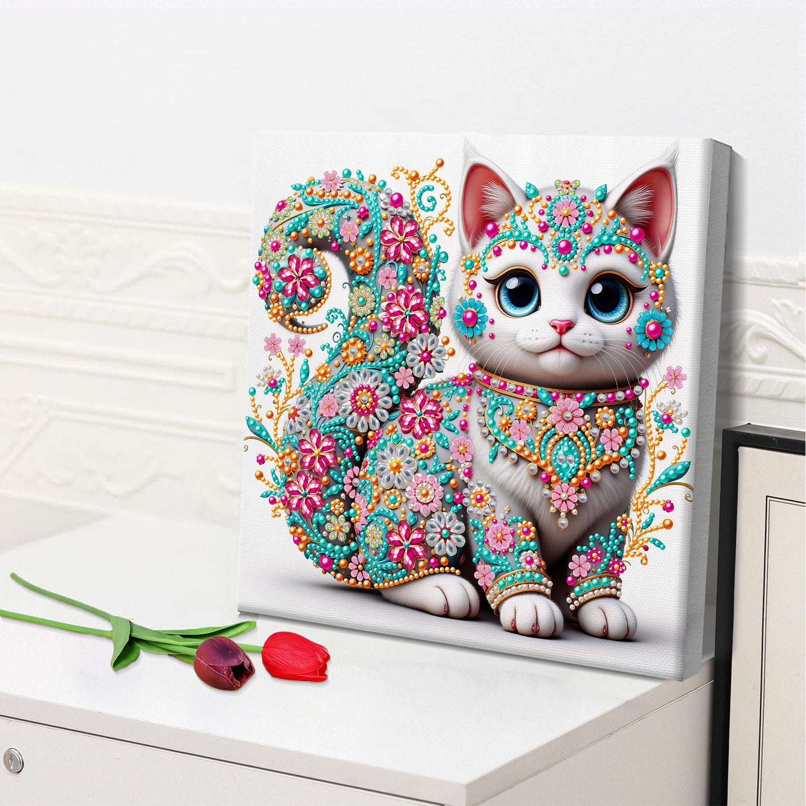 FLOPESN DIY Pearl Painting Kit with Wood Frame, 11.42x11.42 Inch Home Wall Art Decor, Mindful Adult Craft for Stress Relief and Relaxation-Cat-1