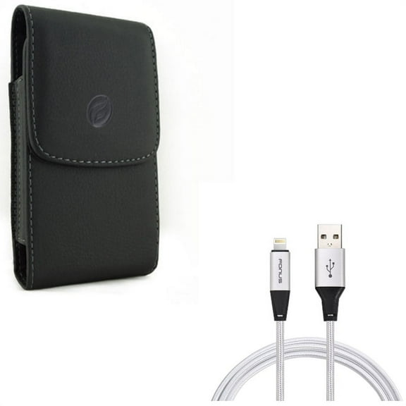 Leather Case Belt Clip w Charger Cord 10ft USB Cable for iPhone XS Max/8 PLUS/7 Plus/6S Plus/6 Plus - Holster Cover Pouch Vertical Carry and Power Wire Braided Long Sync