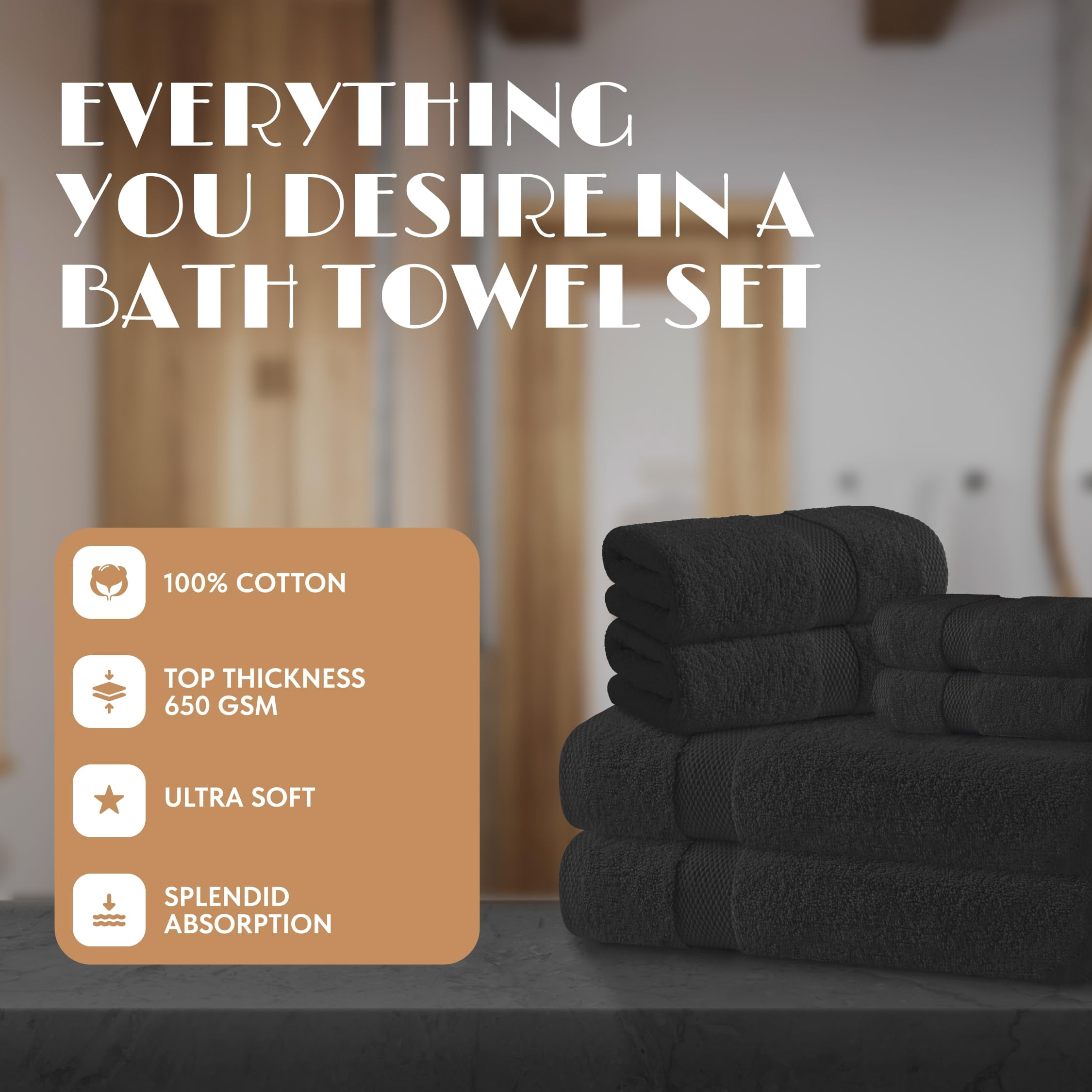 White Classic Black Bath Towel Set of 6 - 100% Cotton Highly Absorbent Towels for Bathroom, 2 Luxury Bath Towels 650GSM, 2 Hand Towels, 2 Washcloths