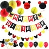 LOCCA Mickey Mouse Party Supplies, 1st 2nd 3rd Birthday Decorations for Boys/Girls/Kids, Red Yellow Black Mickey Mouse Theme Party Favors Kit, Includes Mickey Birthday Banner and Garland