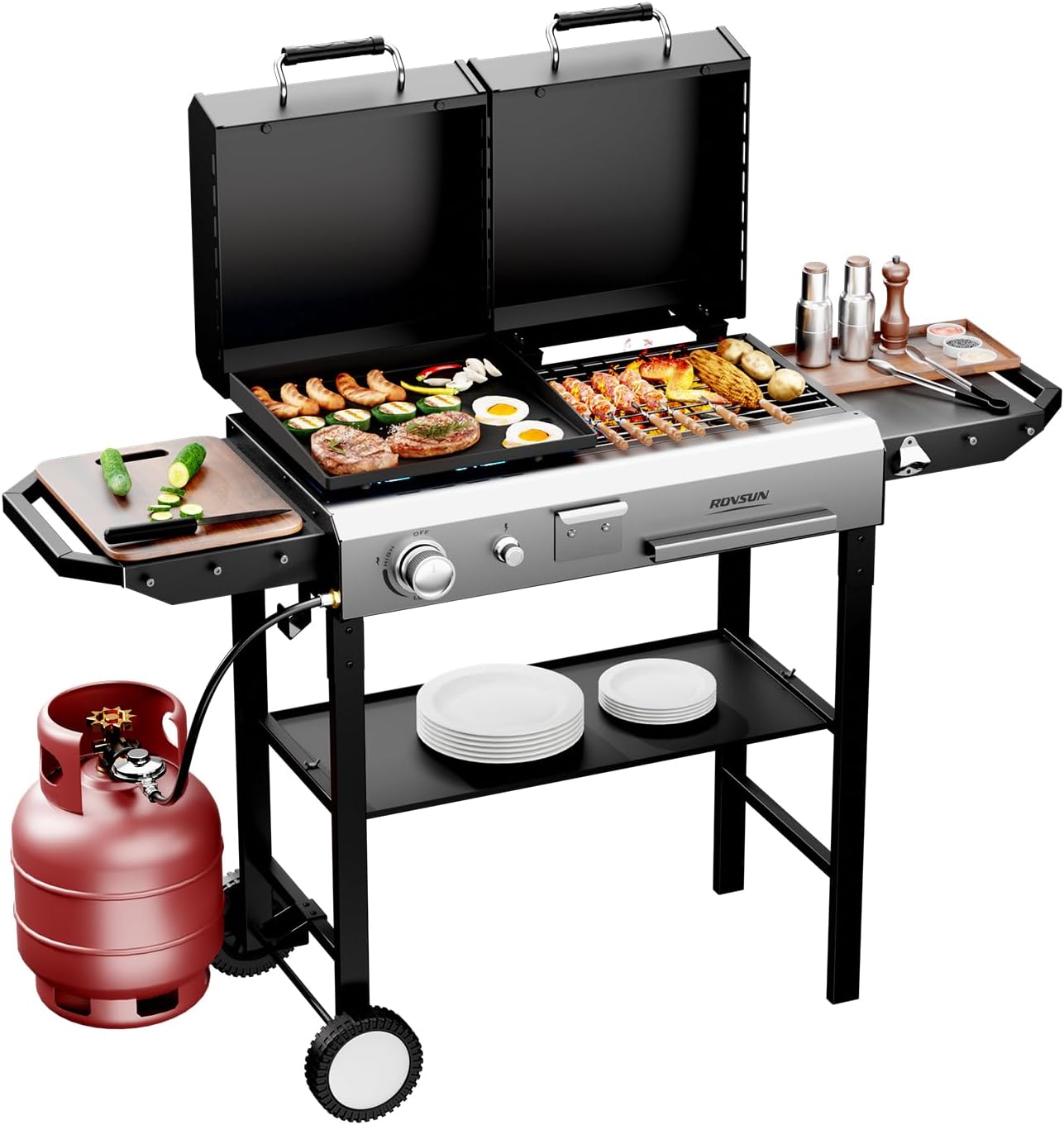 TUFFIOM 2-in-1 Propane Gas Grill and Charcoal Grill Combo with Lid, 12000BTU Flat Top Griddle & Charcoal BBQ Grill with Electronic Ignition, Enamel Griddle & Grate for Outdoor Backyard Cooking
