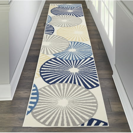 Nourison Grafix Contemporary Circles White 2'3" x 12' Area Rug, (12' Runner)