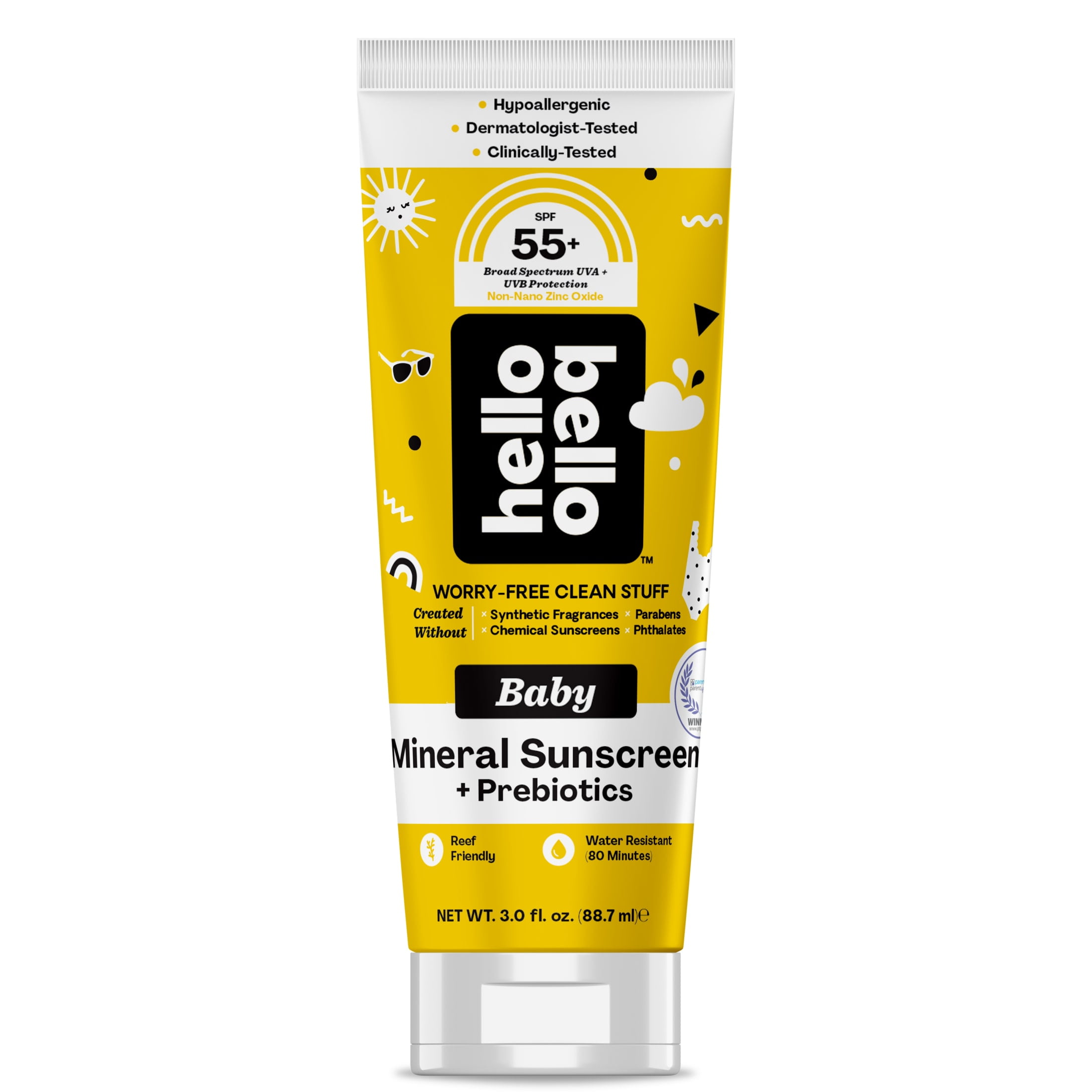 Hello Bello Mineral SPF 55+ Sunscreen Lotion with Prebiotics I Broad Spectrum UVA/UVB Protection, Water Resistant and Reef Friendly Sun Protection for Babies and Kids I 6 Fl Oz