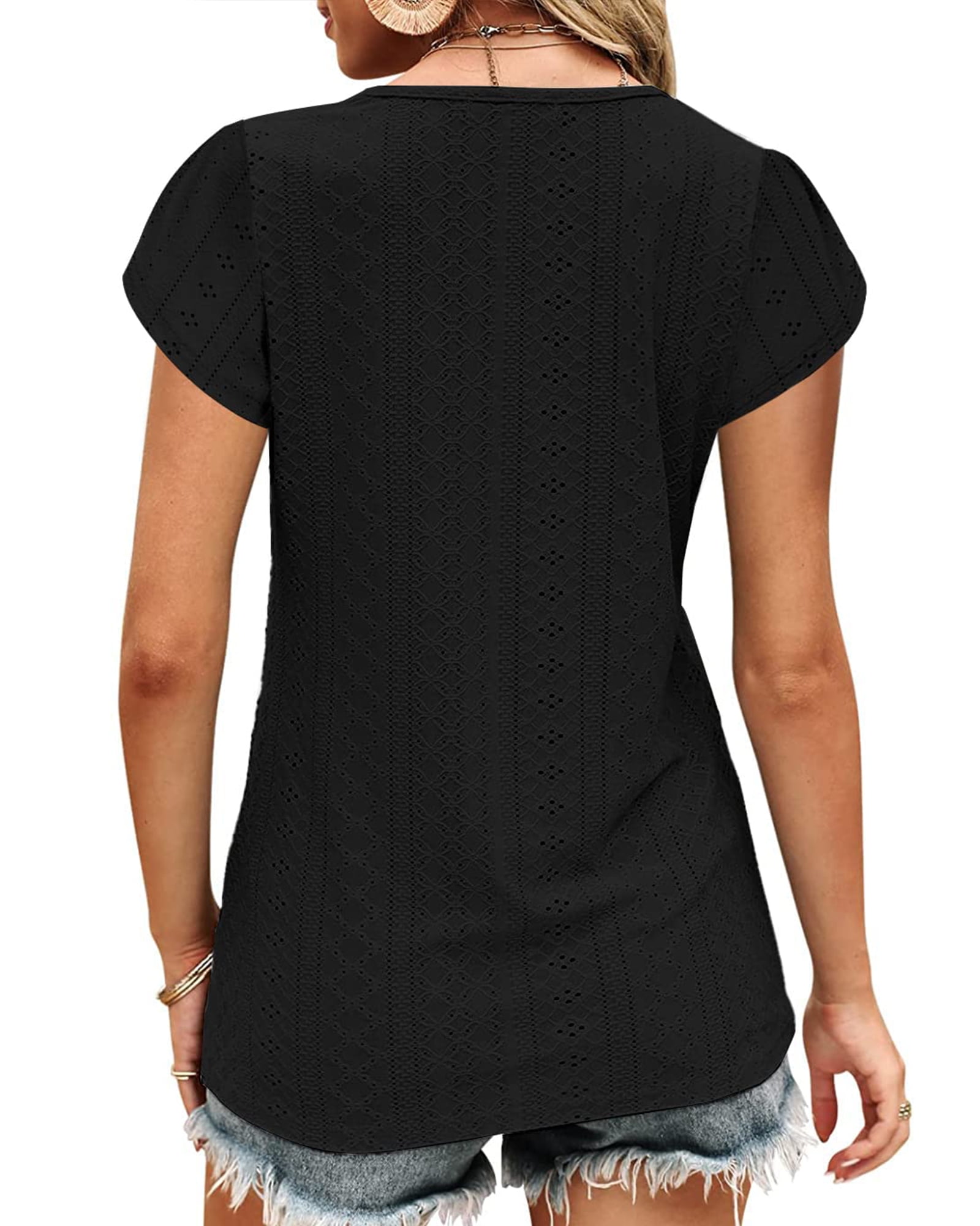 TEMOFON Women T-shirts Summer Short Sleeve Tops Casual Ruffle Sleeve Tunic Tops Trendy V Neck Tops Loose Ladies Shirts Blouses Black M