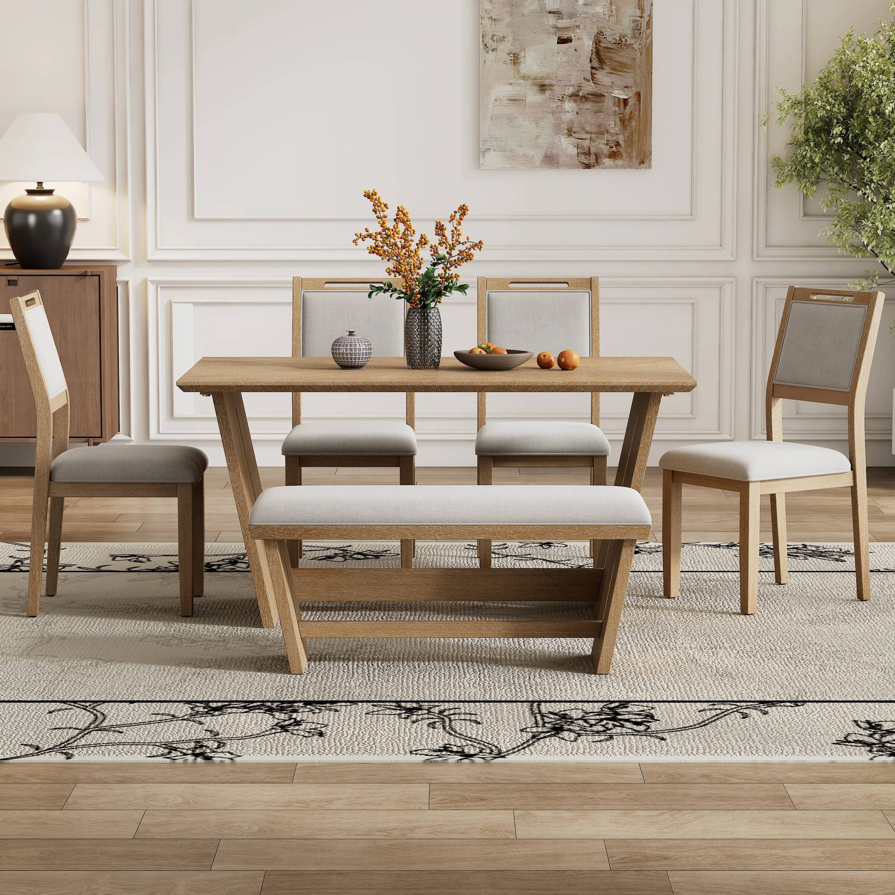 EUROCO 6-Piece Dining Table Set for 6, 59.8" Retro Rectangular Kitchen Table with 4 Upholstered Chairs & 1 Bench,Dining Set for Dining Room and Kitchen,Natural