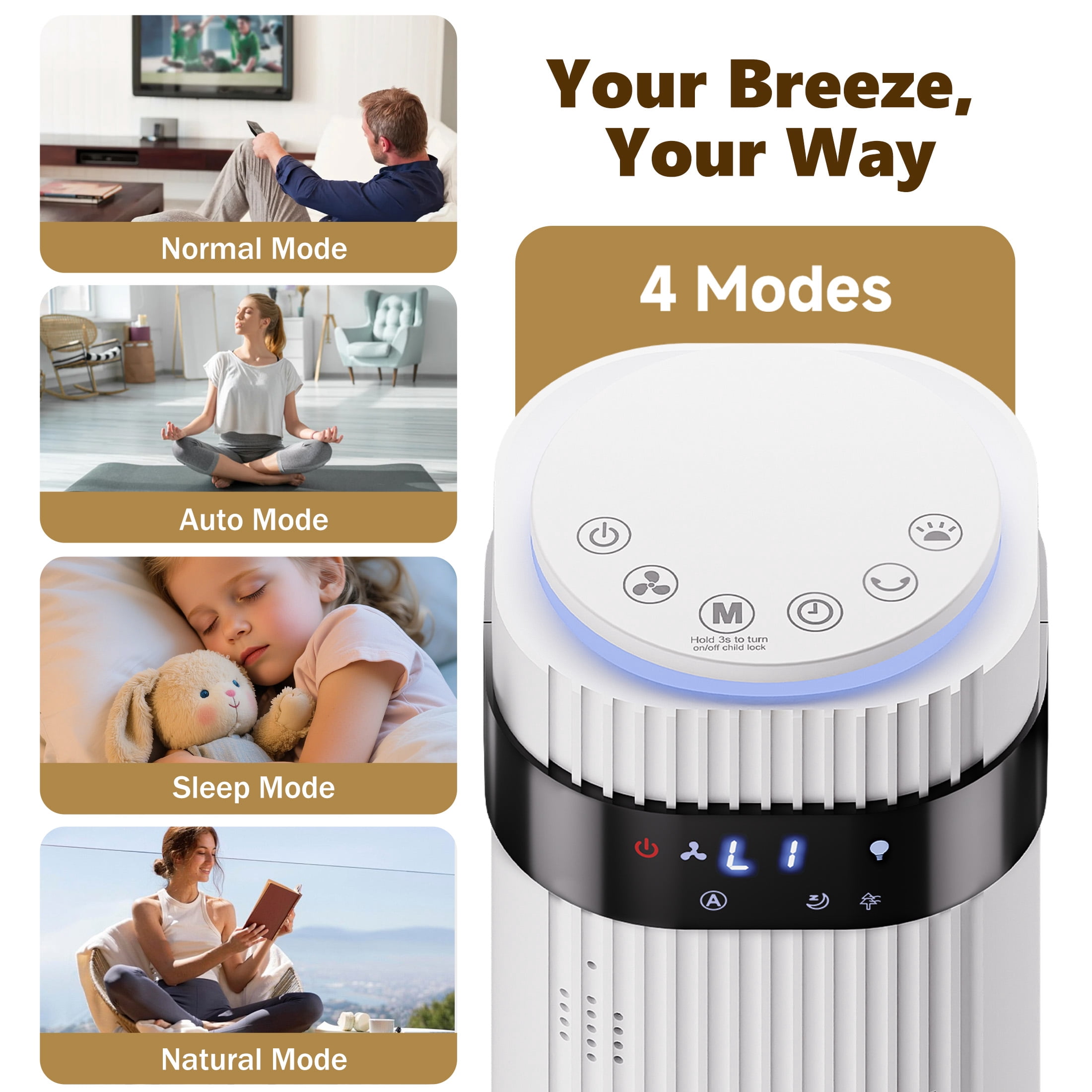 SHOUFTW 36 inch Tower Fan with Remote Control, Oscillating Bladeless Floor Fan, 5 Speeds and 4 Modes for Bedroom Home and Office, White