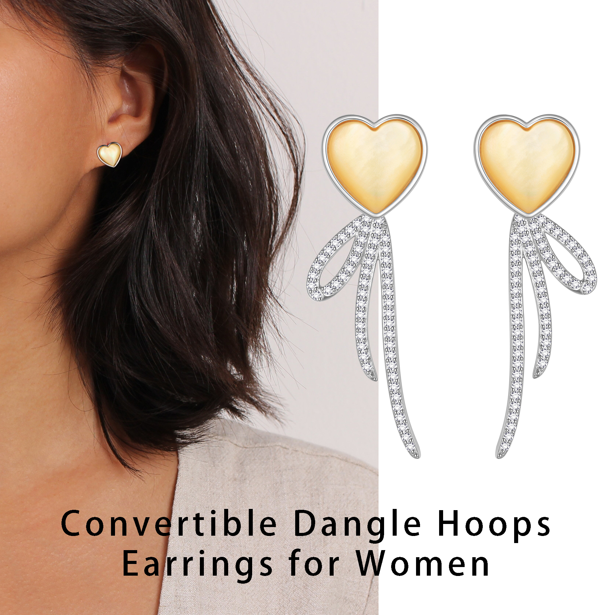 Beautlace Heart Earrings Studs,Versatile 2-in-1 White Pearl Shell Sterling Silver Dangle Earrings Birthday/Valentines/Christmas Gifts for Women