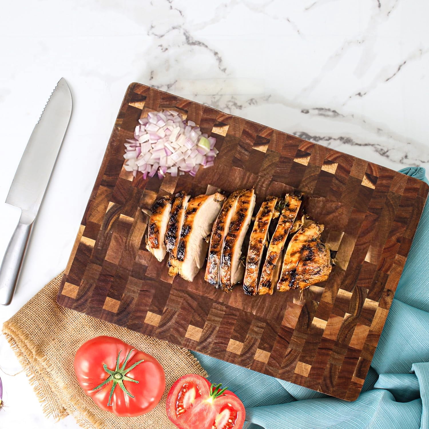 Dexas Acacia End Grain Reversible Butcher Block Cutting Board – 11.8" x 16.14" | Heavy-Duty Wood Chopping Board with Recessed Finger Grips