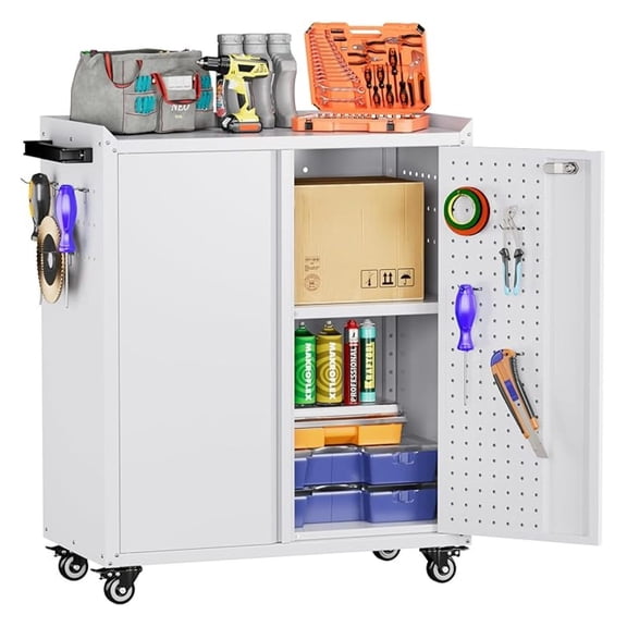 34.3" H Garage Storage Cabinet with Wheels,Lockable Metal Storage Cabinet with 2 Doors for Garage Home Office Storage,White,Assembly Required