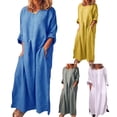 thumbnail image 3 of Joernso Women Vintage Solid Color Long Sleeve O Neck Pockets Maxi Dress Tunic Kaftan, 3 of 6