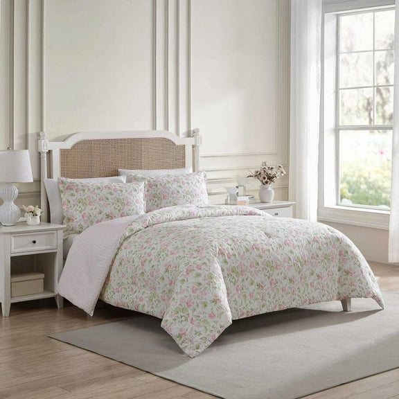 Morning Gloria 3-Piece Pretty Pink/Green 100% Cotton Full/Queen Comforter Set