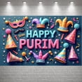 thumbnail image 3 of Colorful Happy Purim Banner Festive Purim Display Carnival Clown Hat Festive Backdrop for Purim Celebration Costume Party Indoor Decor, 3 of 9