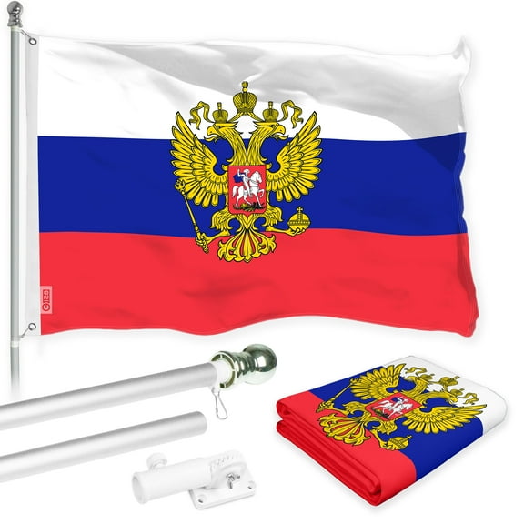 G128 Combo Pack: 6 Ft Tangle Free Aluminum Spinning Flagpole (Silver) & Russia Russian Ensign Flag 3x5 Ft, LiteWeave Pro Series Printed 150D Polyester | Pole with Flag Included