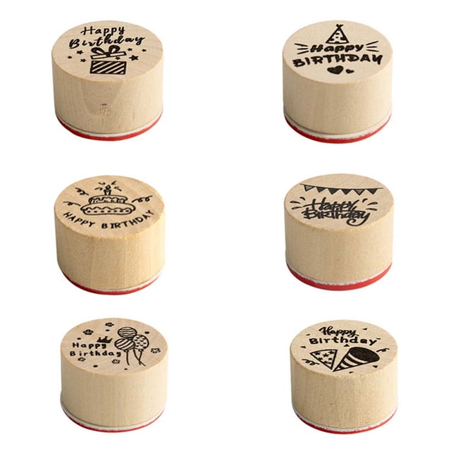 6 Pcs Sceaux Ronds en Bois Rétro Joyeux Anniversaire Décoratifs Bricolage pour Scrapbooking (Couleurs Assorties)