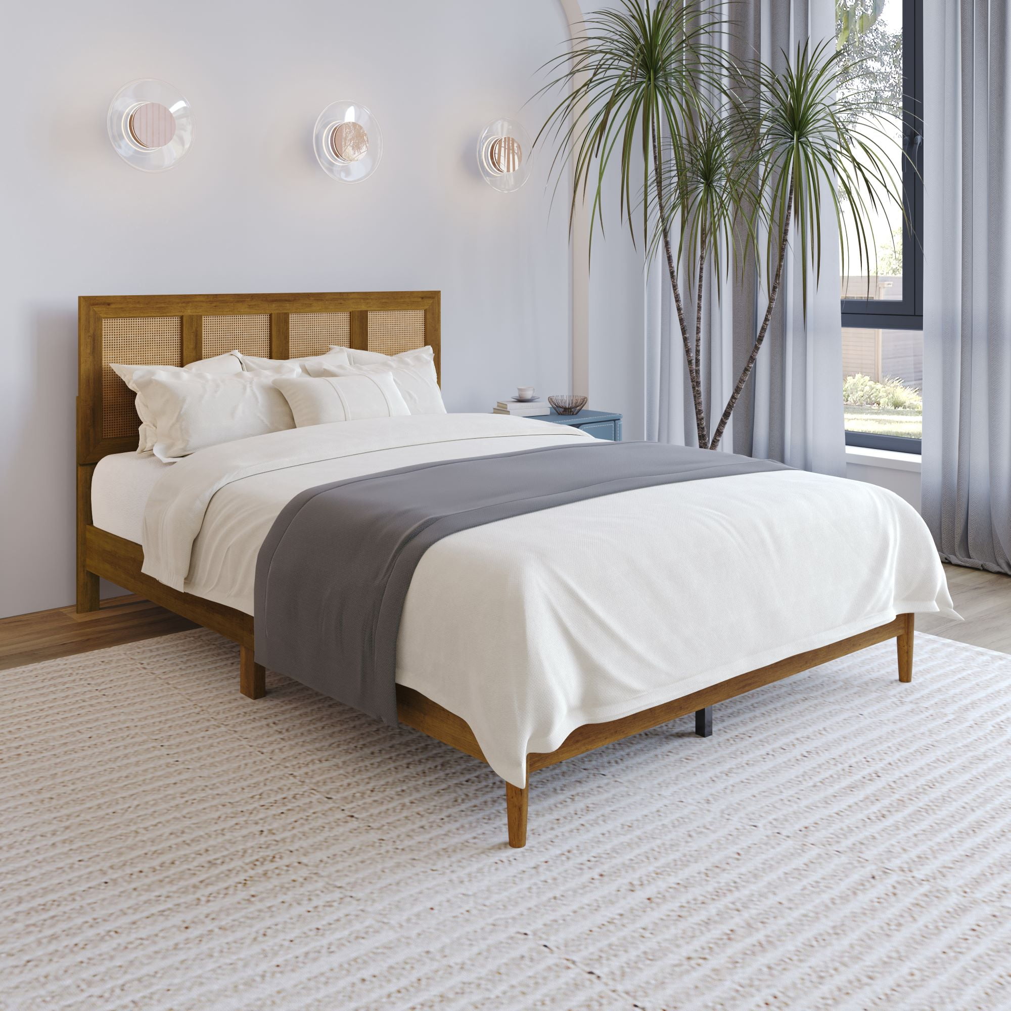 Home Design Skokie Queen Platform Bed Frame with Rattan-Embellished Headboard and Full Slat System, Brown, Easy Assembly