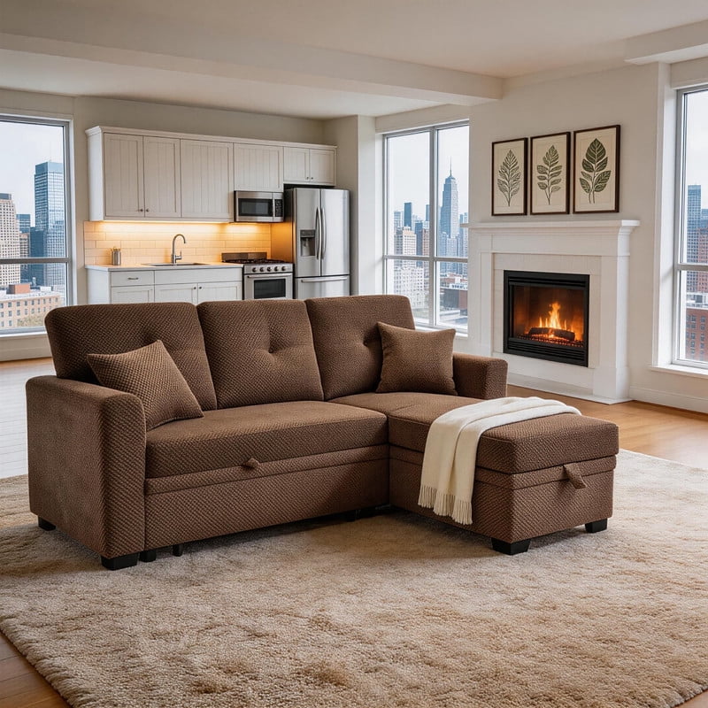 L-Shaped Sectional Sofa with Pull-Out Bed and Reversible Chaise, Convertible Sleeper Sofa Bed Modern Couch Bed for Living Room Apartment