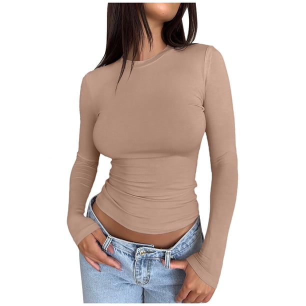 Camiseta corta de manga larga y corte ajustado para mujer: camiseta lisa de cuello redondo, camiseta básica para yoga y entrenamiento, ideal para llevar en otoño