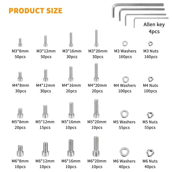 GHRTGR-1065 Pcs M3 m4 m5 m6 Screws and Nuts, Hex Socket Head Cap Screws Nuts and Bolts Washers Kit, Stainless Steel Bolts and Nuts Kit, Metric Assorted Machine Screws Assortment Kit, Hex Bolt