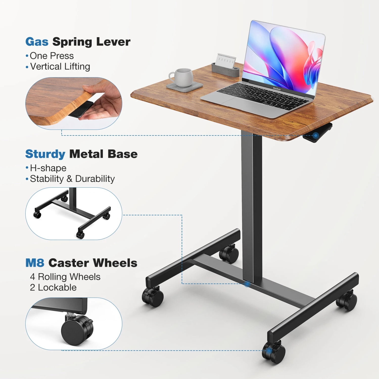 Small Mobile Standing Desk, Adjustable Rolling Laptop Table with Locking Wheels for Home Office, Rust Brown