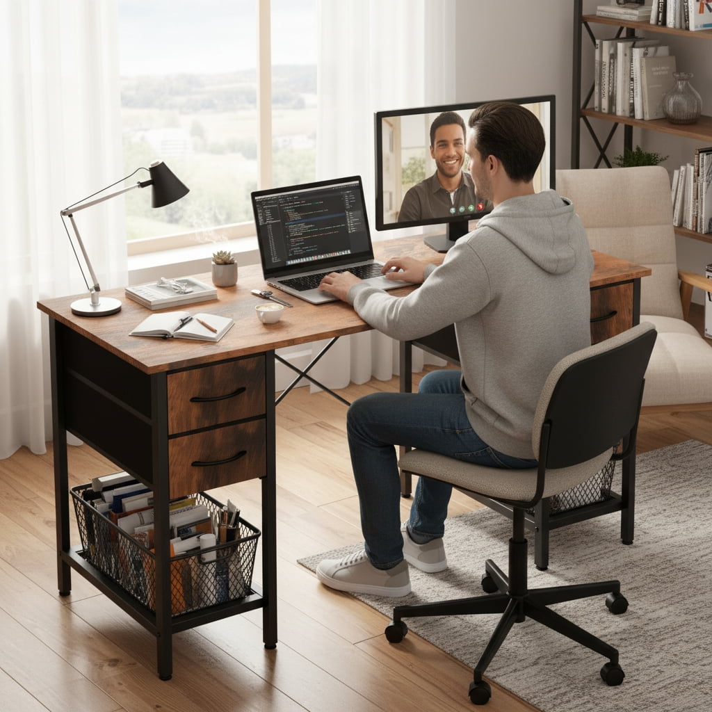 CONCETTA 47 Inch Computer Desk with 4 Drawers & Mesh Shelf, Large Desktop,Storage Desk for Home Office, Gaming & Study, Flexible Setup, Rustic Brown