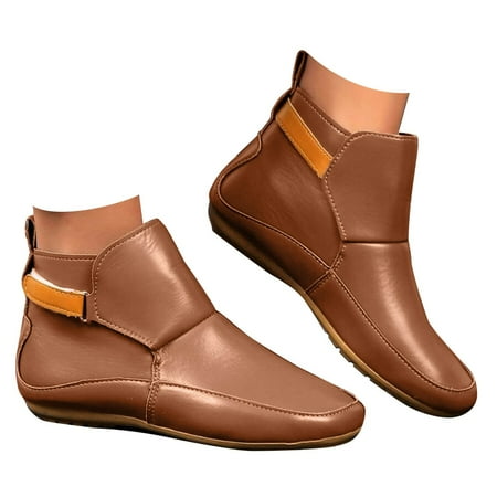 DVKOVI Shoes for Teen Girls Women s Ankle Boots & Booties Women s Vintage Leather Boots Flat Shoes Winter Round Toe Ankle Boots Casual Walking Shoes for Women Fall Shoes for Women 2024 Brown 43