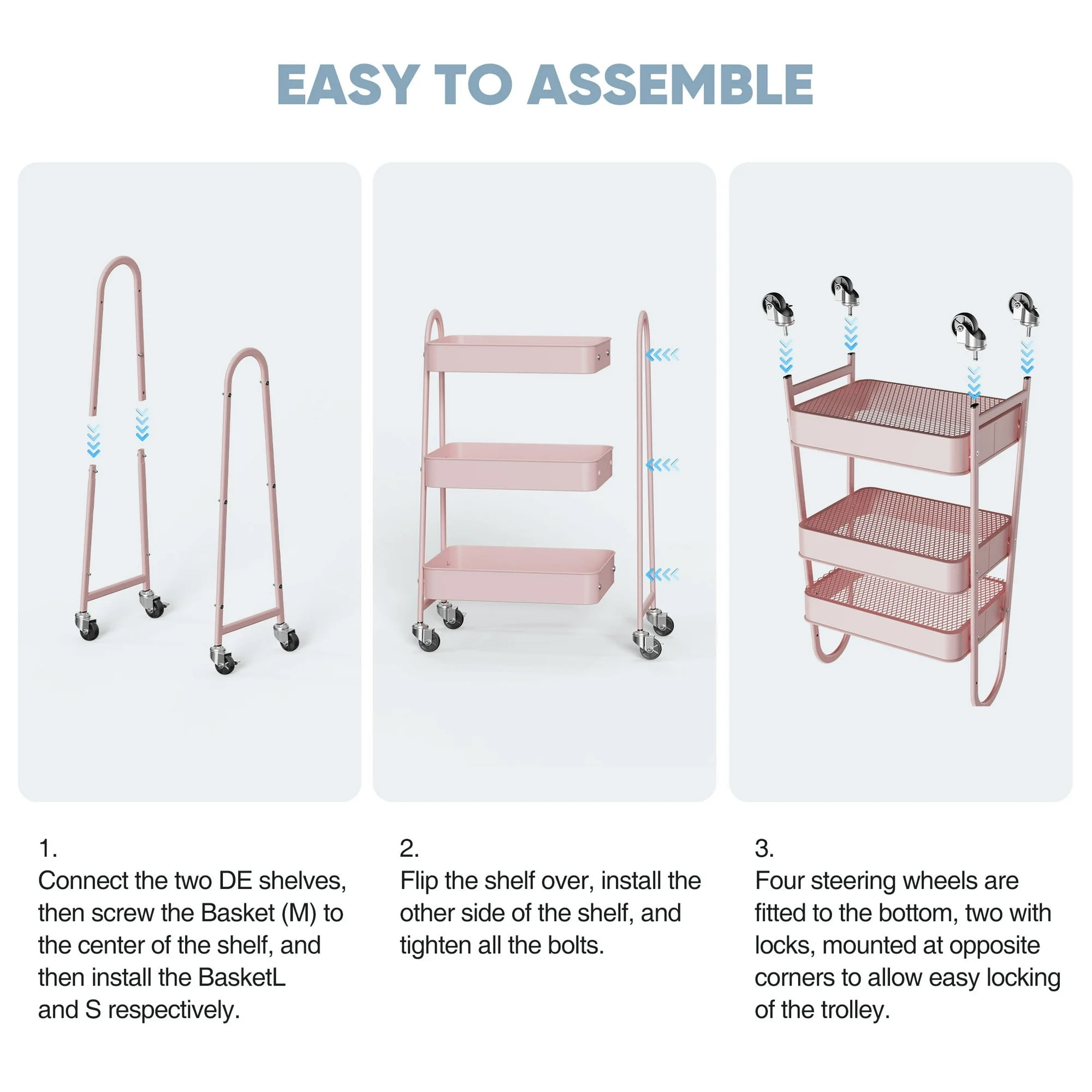 GIANNA 3 Tier Rolling Cart Organizer, Plastic Rolling Cart with Lockable Wheels & Reinforced Handle, Lightweight Utility Cart Storage Cart for Nursery, Kitchen, Bathroom, Craft Room