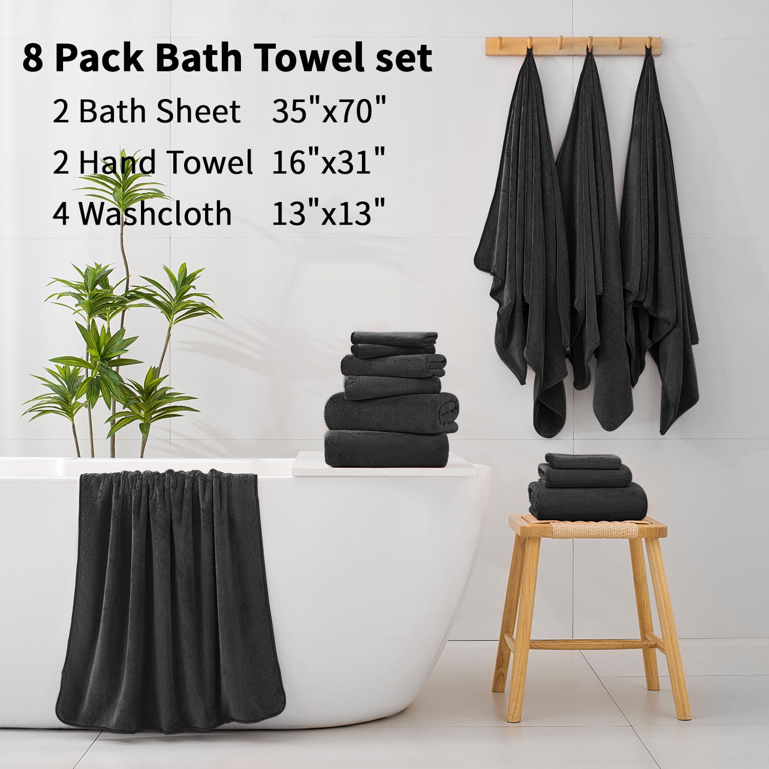 Beartech 8 Piece Bath Towels Set-2 Bath sheet,2 Hand Towel,4 Washcloths,Soft Lightweight Family Towel Highly Absorbent Microfiber Towel Quickly Dry & Less Lint Shower towel for Bathroom-Black
