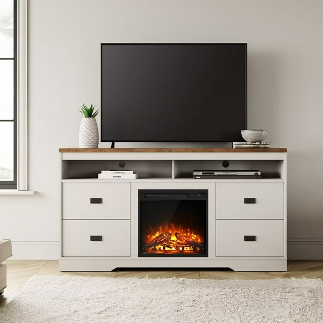 Wampat Fireplace TV Stand for TVs Up to 65 Inch, Electric Fireplace TV Console, Wood Entertainment Center with Storage Cabinet, Sliding Barn Door, 2 Heating Mode, 5 Brightness,Oak&White