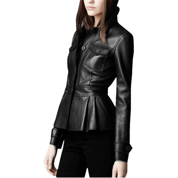Luis Leather Lambskin Women’s Peplum Single Breasted Black Leather Flared Jacket For Motorcycling Partywear