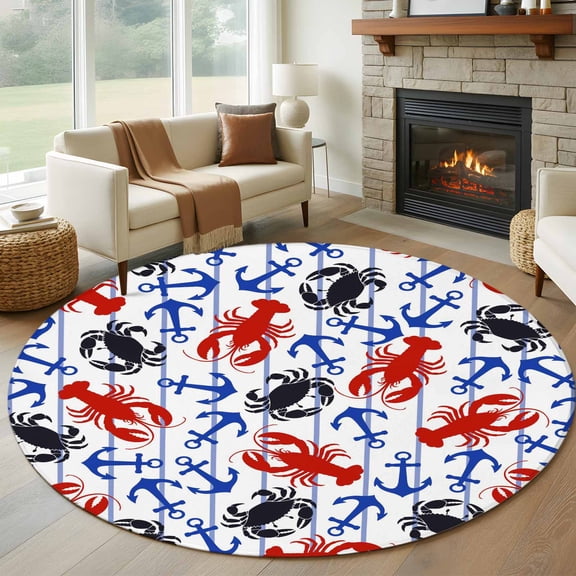 Coastal Crabs Round Area Rug 5Ft Washable Circle Rugs for Living Room Bedroom, Blue Red Nautical Anchor Lobster Marine Life Non-Slip Carpet Floor Mats Indoor Outdoor Carpet Runner Home Decor