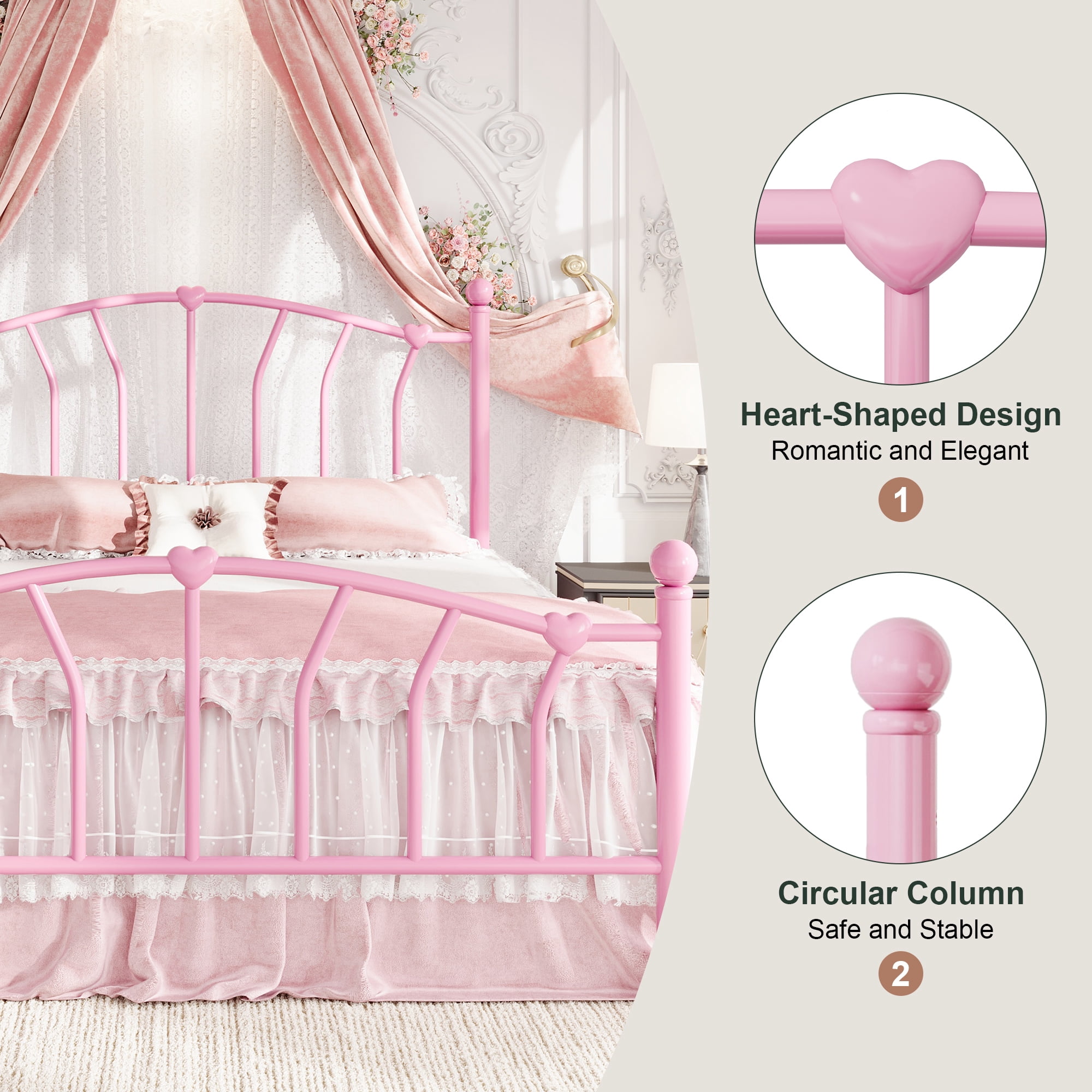 Amolife Full Bed Frame, Metal Platform Bed with Heart-Shaped Headboard and Footboard, 12.6'' Under-Bed Storage Space, No Box Spring Needed, Pink