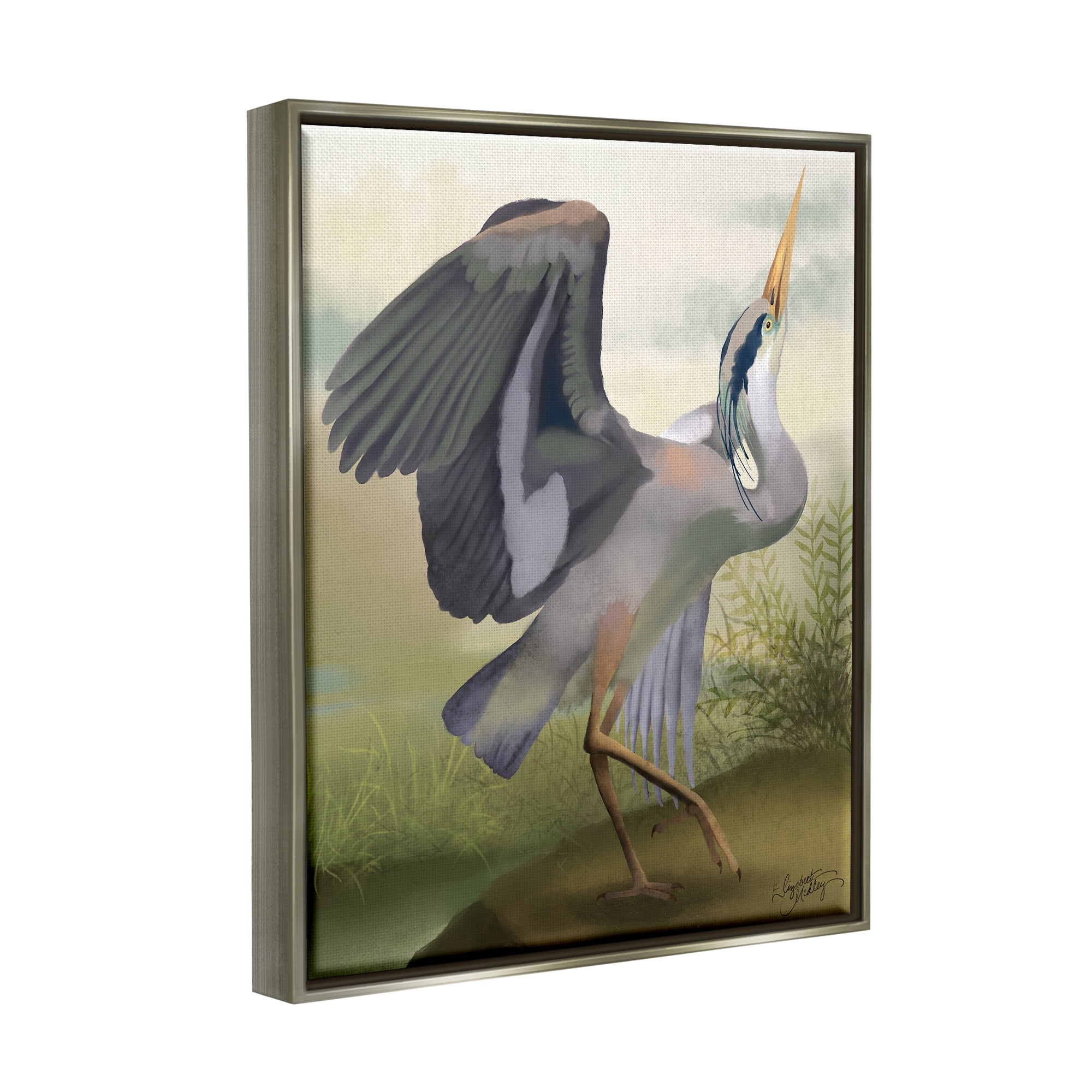 Stupell Industries Crane Dance Landscape Animals & Insects Painting Gray Floater Framed Canvas Art Print Wall Art, 17 x 21