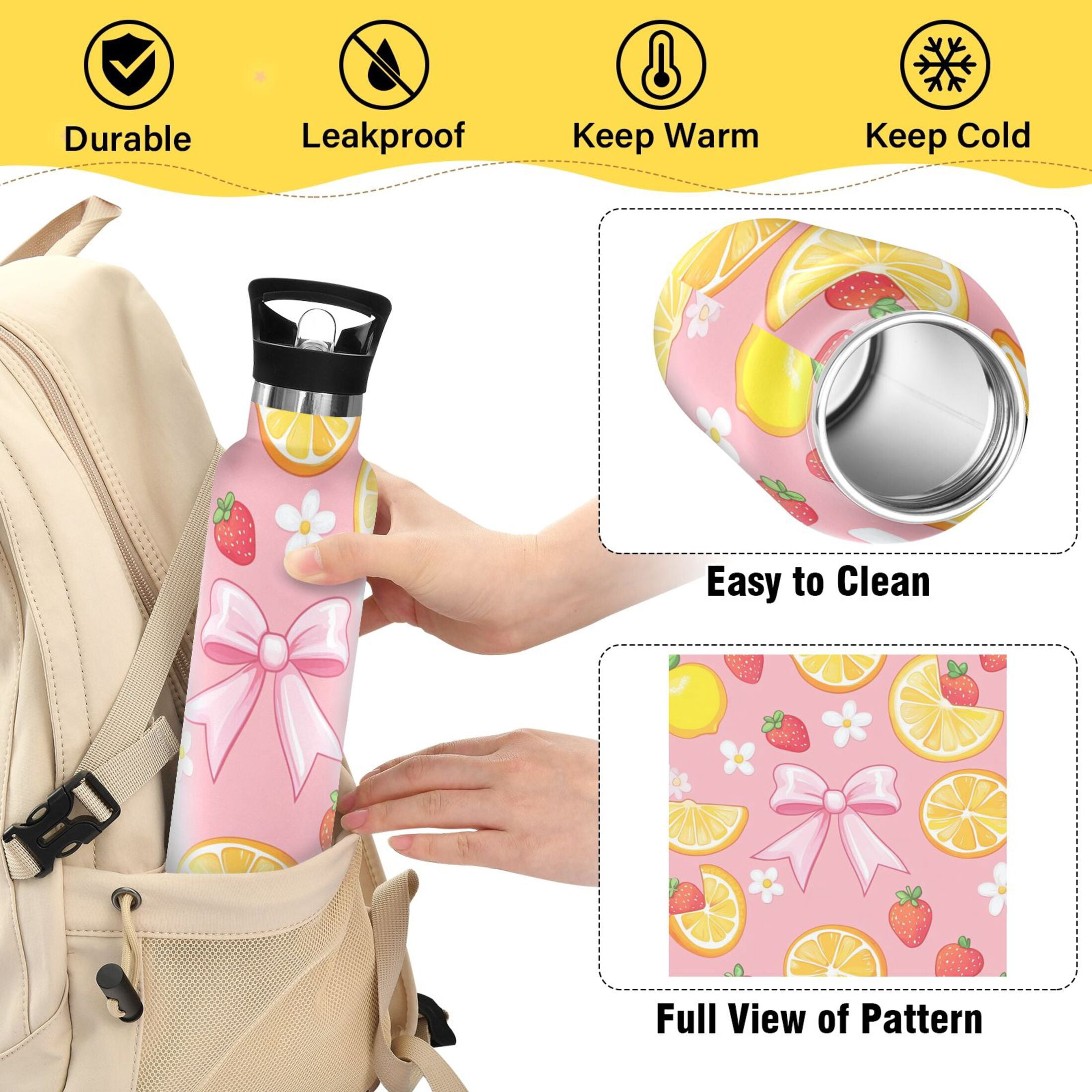Kids Insulated Stainless Steel Sports Water Bottle 600ml (20oz) Bow Ribbon and Orange