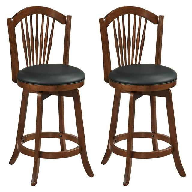 Costway Swivel Bar Stools Set of 2, 25" Counter Height Barstools with Backrests, Wood Frame Brown