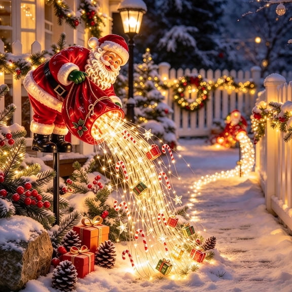 Solar Santa Claus Cascade Lights Yard Stake Outdoor Lighted Christmas Decor with Candy Cane for Lawn Porch, 23.6in