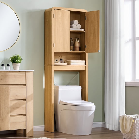 Aitjunz Over the Toilet Storage Cabinet, 70" Tall Modern Bathroom Storage Cabinet with Adjustable Shelves and Doors, Natural