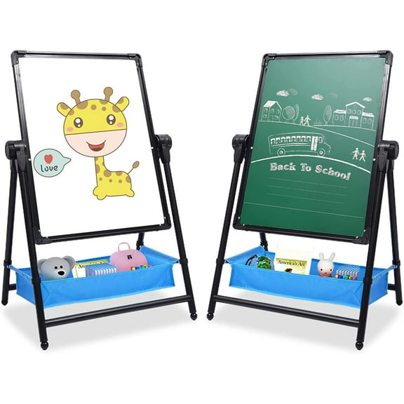 Kids Art Easel Double Sided Whiteboard & Chalkboard 26inch-43inch Height Adjustable & 360°Rotating Easel Stand with Bonus Magnetic Letters and Numbers