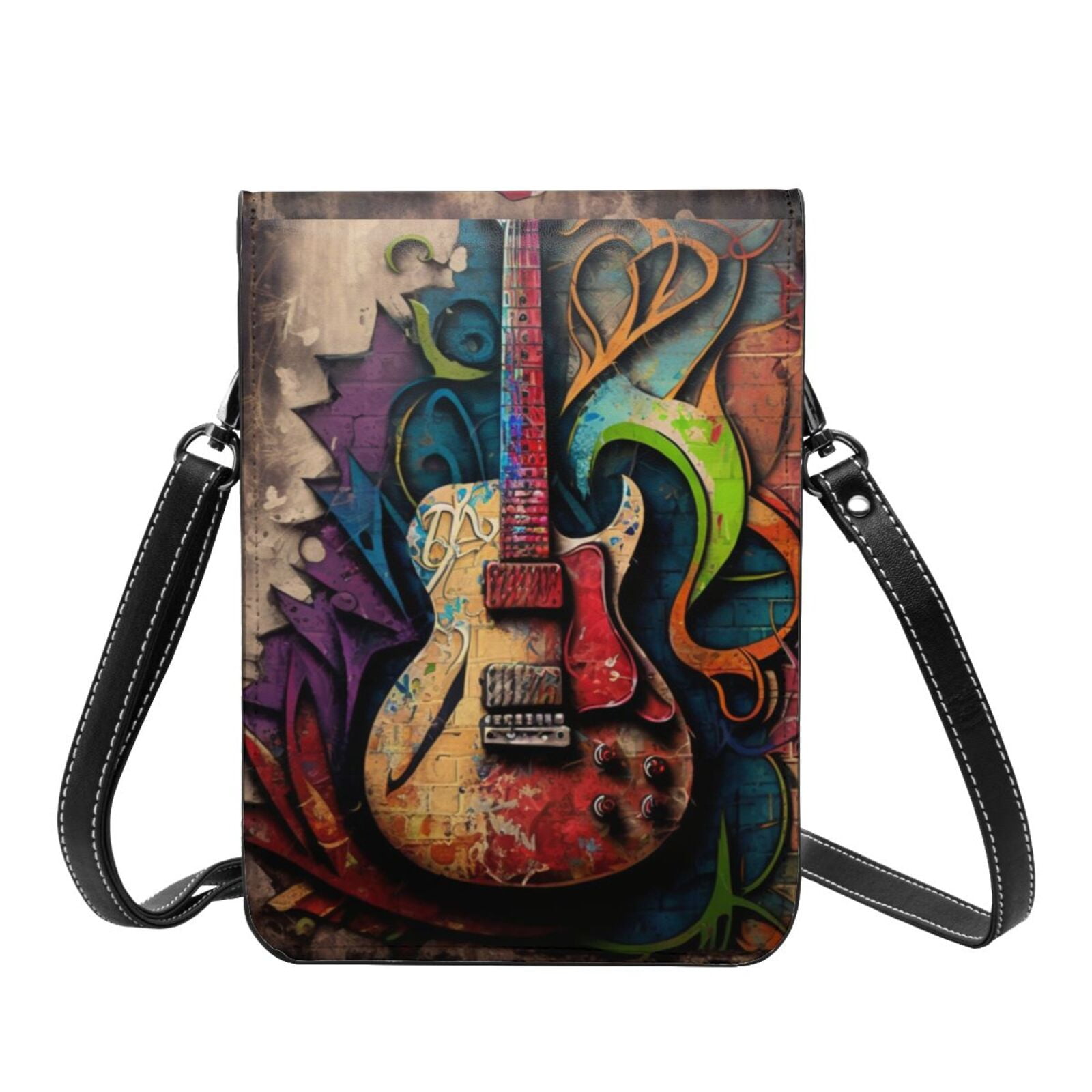 Guitar Music Graffiti Street Wall Art Cell Phone Purse Small Crossbody Bag with Strap Credit Card Slots Leather Shoulder Wallet for Women