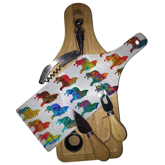 KuzmarK Wine & Cheese Glass Cutting Board Wood Box Gift Set - Collie Dog Pretty