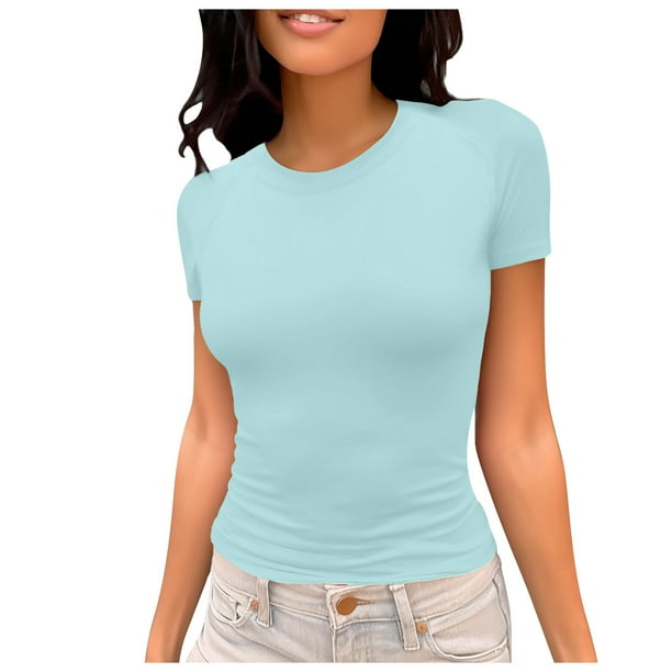 Camiseta de manga corta ajustada y moderna para mujer: corte ajustado y sexy, versátil con vaqueros/pantalones cortos, tejido suave para el verano, talla real, lavado en frío.
