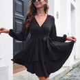 thumbnail image 3 of Robe Femme Col en V Profond Manches Longues Ceinture Nouée Volantée Mini Robe Patineuse - Noir, Noir, TG, 3 of 6