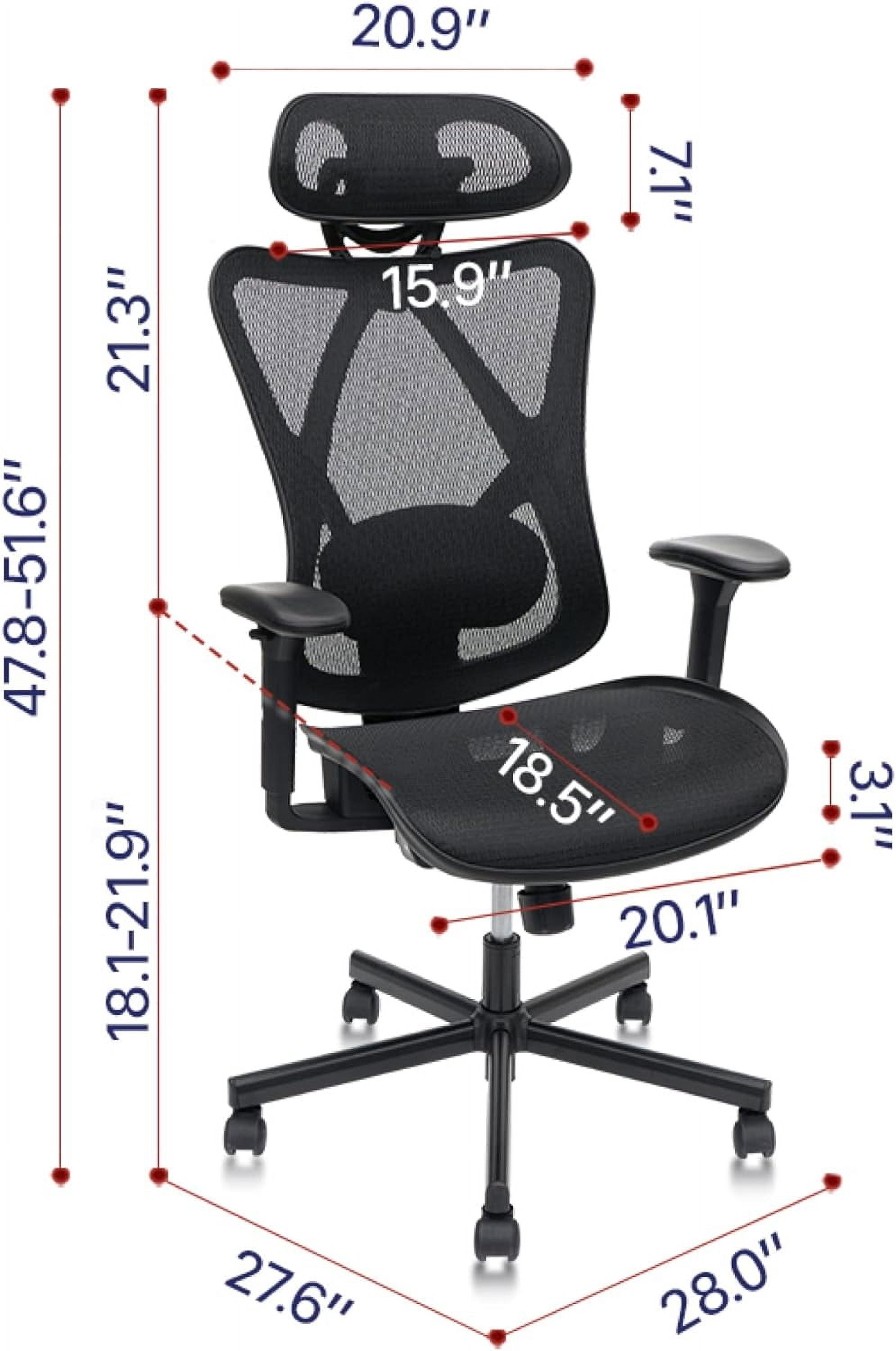 Mesh Office Chair, Ergonomic Office Chairs with Wheels, Adjustable Lumbar Support, Armrest, Headrest-Tilt High Back Desk Chair with Mute Wheel for Office, Home, Gaming