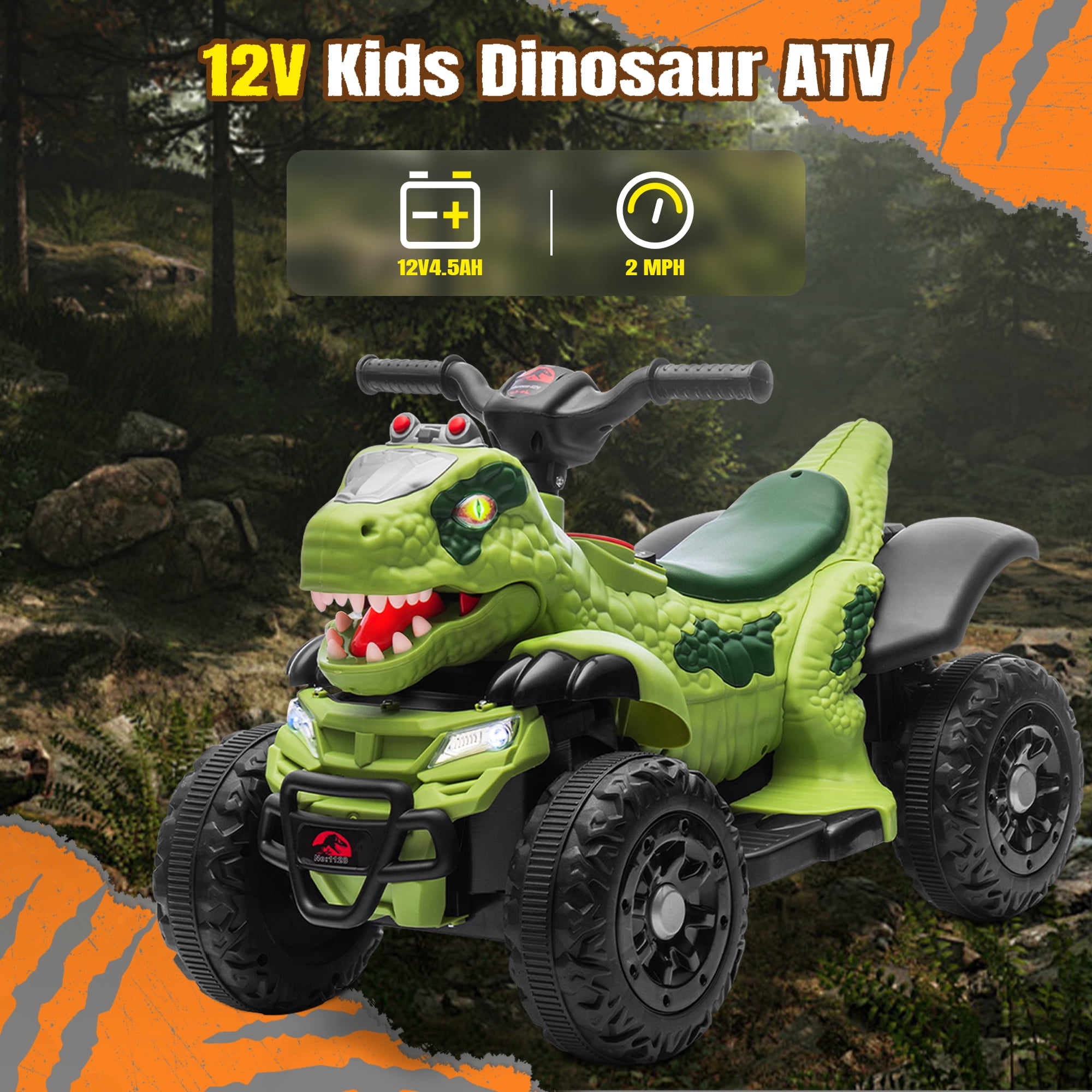 SUSIELADY 12V Kids Dinosaur Ride on ATV, Quad 4 Wheeler Dinosaur Design, Electric Ride on Toy, Music Early Education Function, Power Display, Safe Driving, Outdoor Toy for Boys Girls Aged 2-6, Green