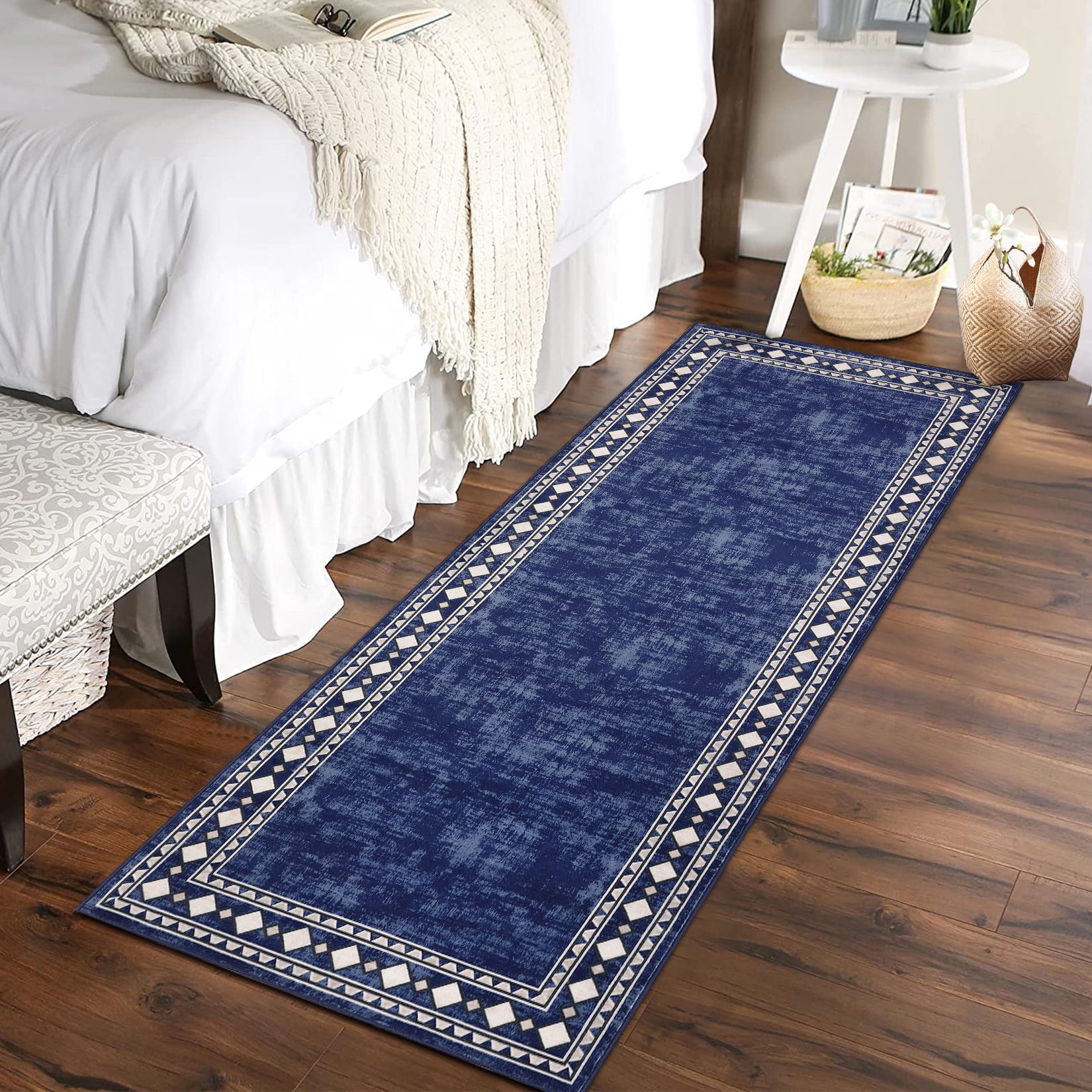 HOMERRY Runner 2' x 6' Rug Washable Modern Geometric Border Hallway Runner Indoor Carpet for Doorway, Navy